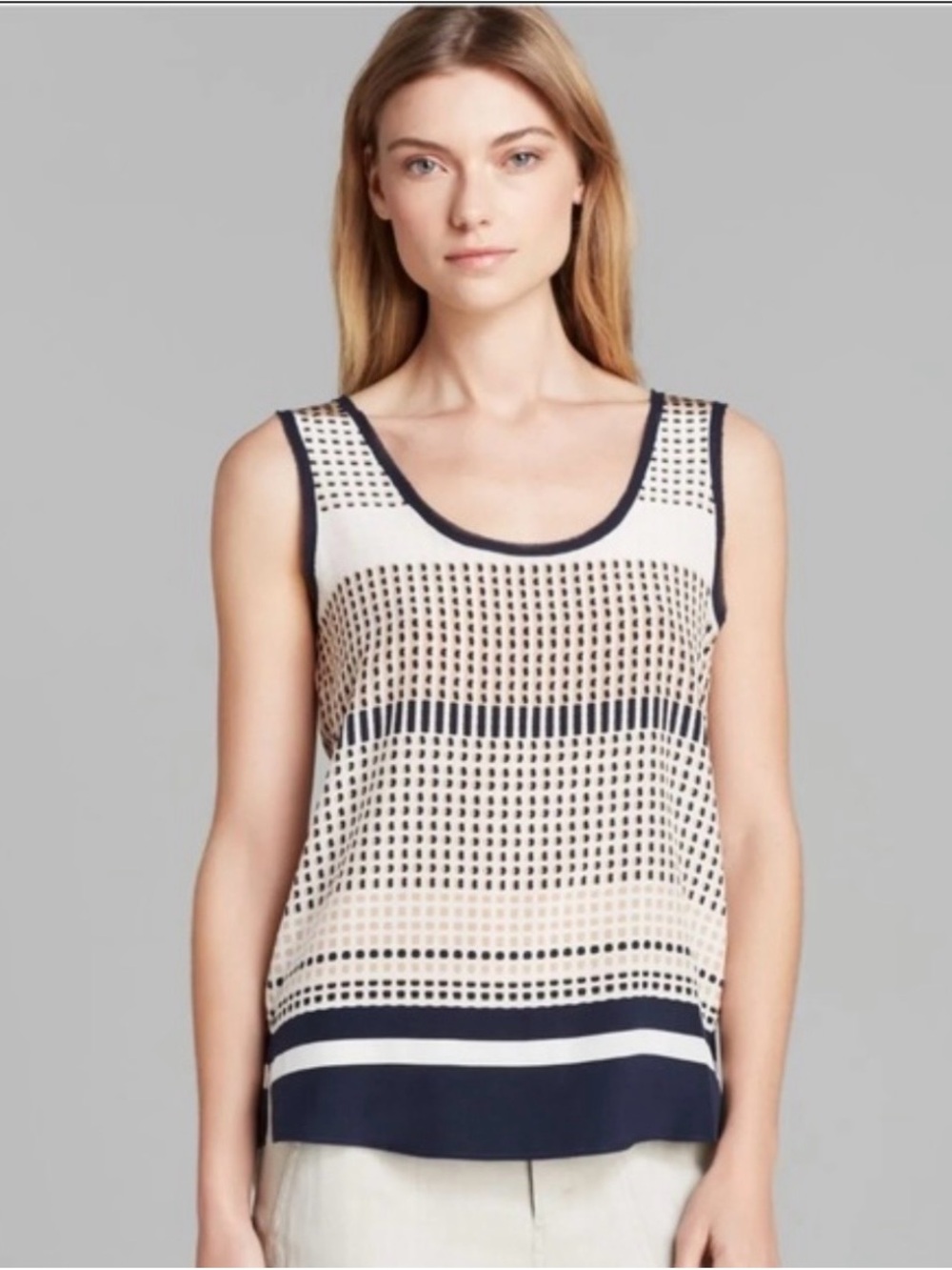 Vince Silk Navy and Cream Striped Tank